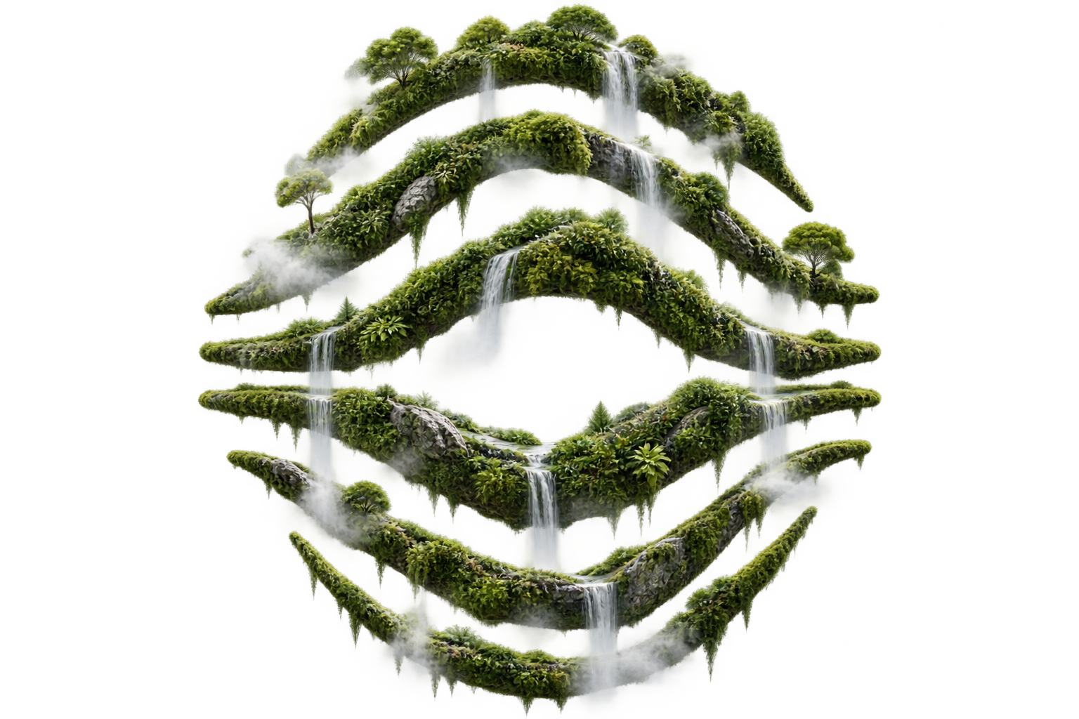 Astound nature emblem made from moss, plants, rocks, trees and waterfalls